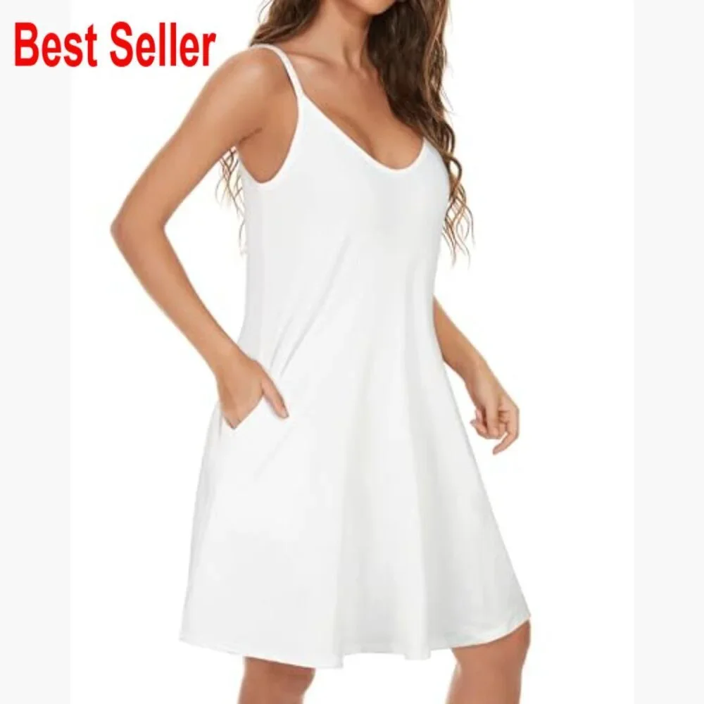 Cotton Blend Spaghetti Strap Sundress with Pockets Loose Fit